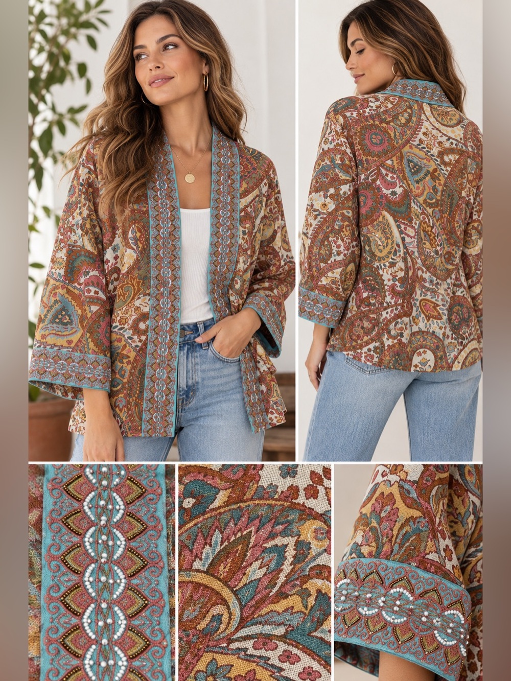 Soft Surroundings 3X Paisley Beaded Embroidered Kimono Jacket Boho Tapestry